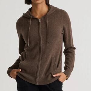 Quince Women’s Large 100% Mongolian Cashmere Hoodie Zip Up Sweater Knit Brown
